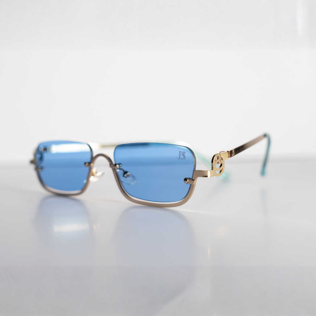 DS Gold Rimless Blue Square Sunglasses