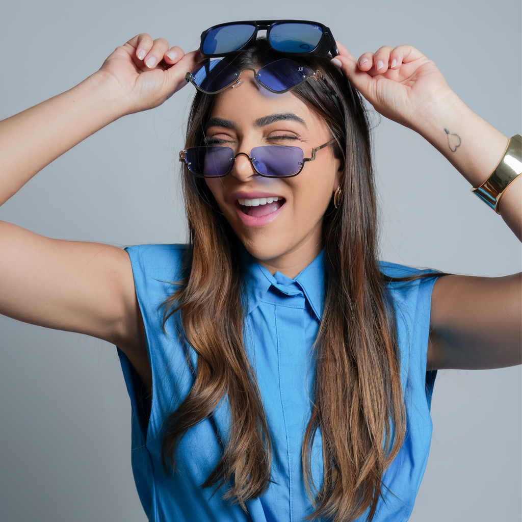 DS Gold Rimless Blue Square Sunglasses