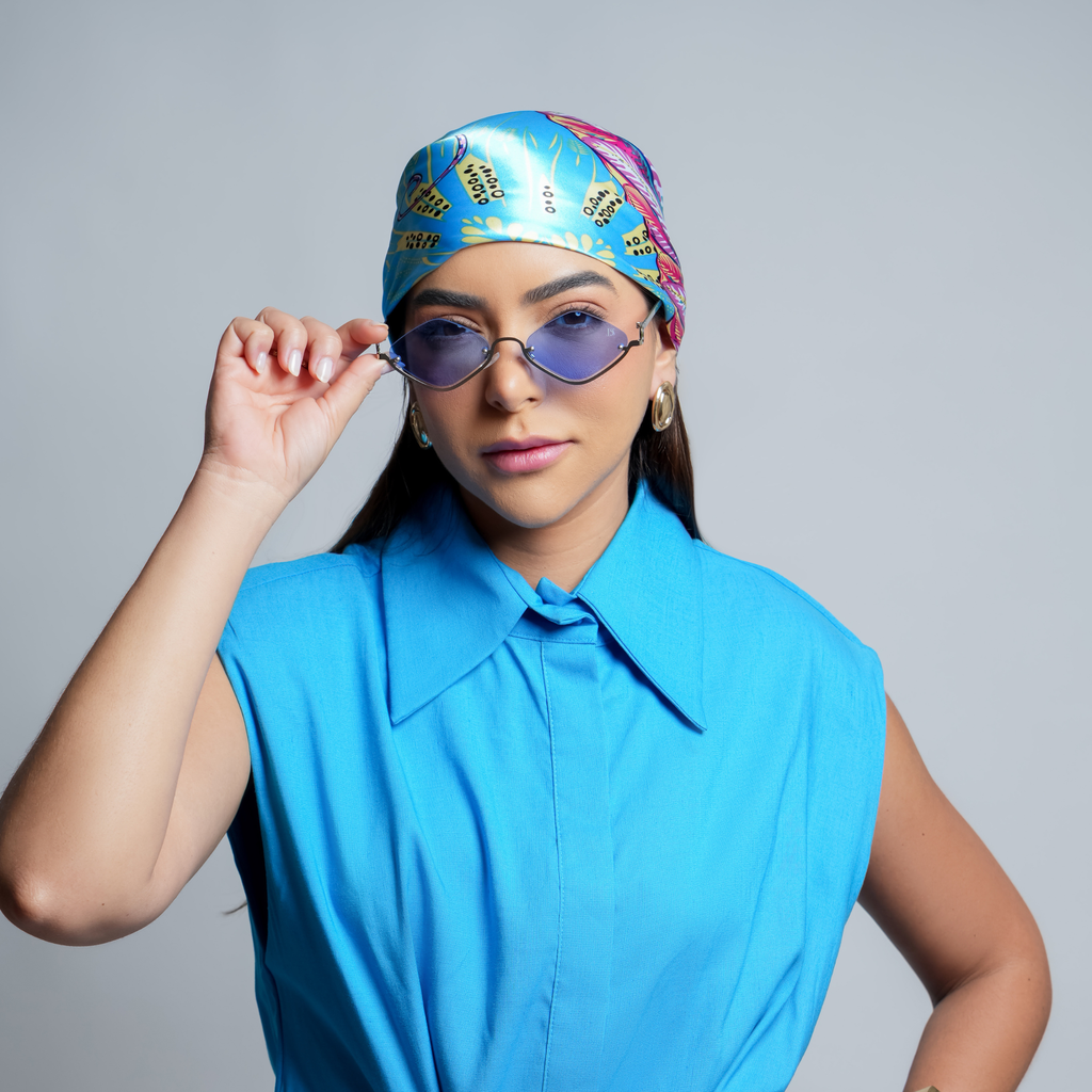 DS Silver Geometric Rimless Blue Sunglasses