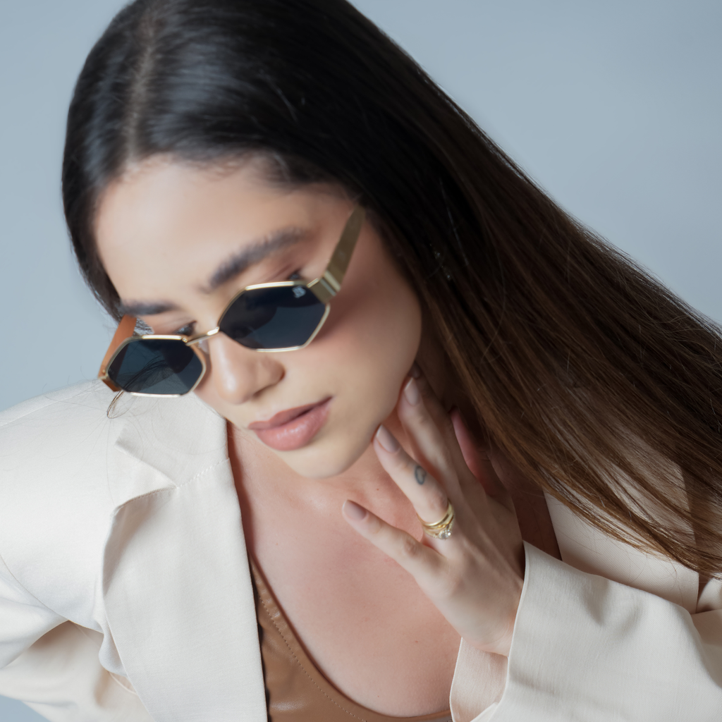 DS Gold Geometric Rimless Black Sunglasses